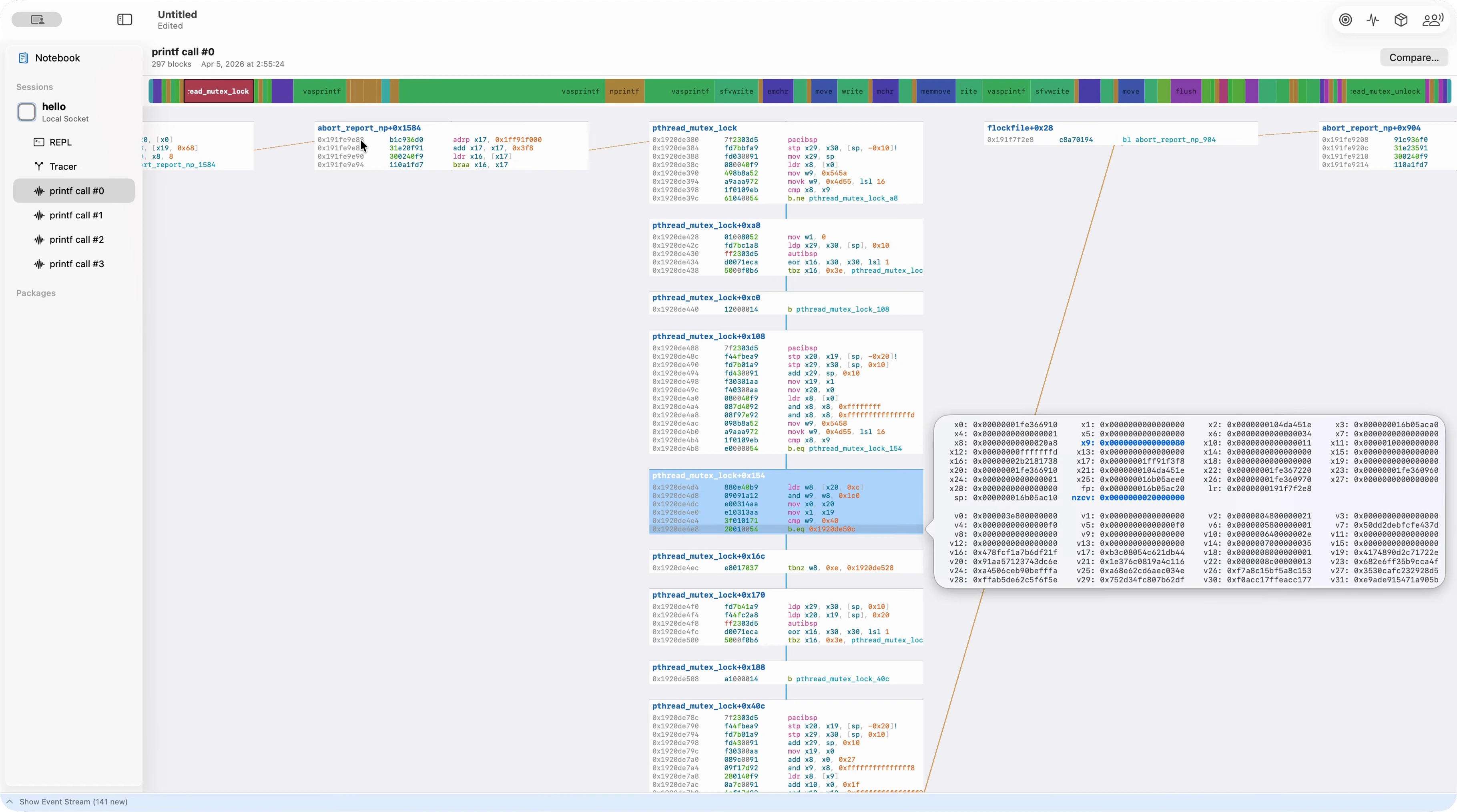 A CFG capture in Luma — the control flow graph for a single call with the register popover anchored to one instruction, several registers highlighted blue