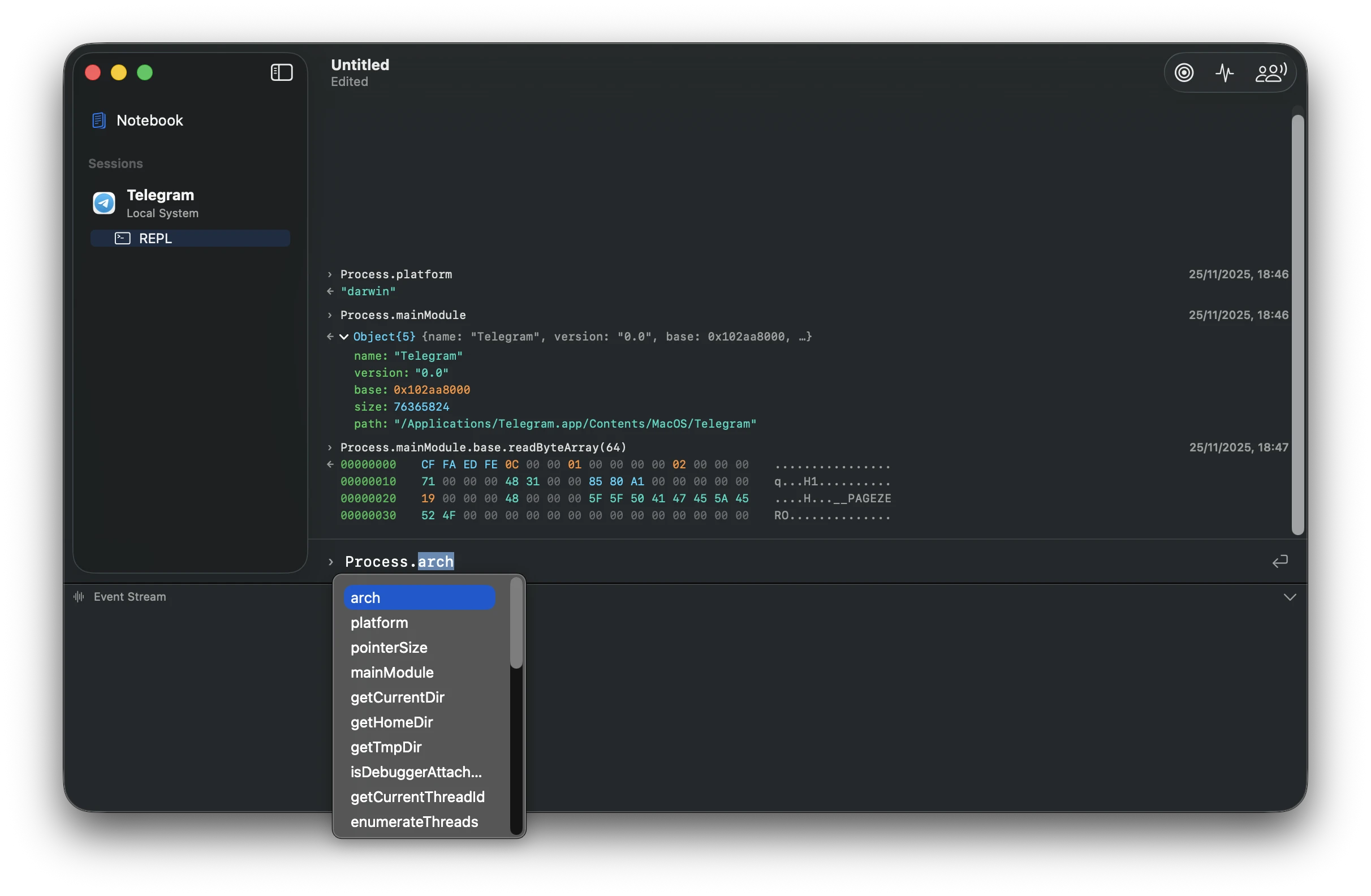 Luma's REPL — evaluating JavaScript against a live process with type-aware autocompletion