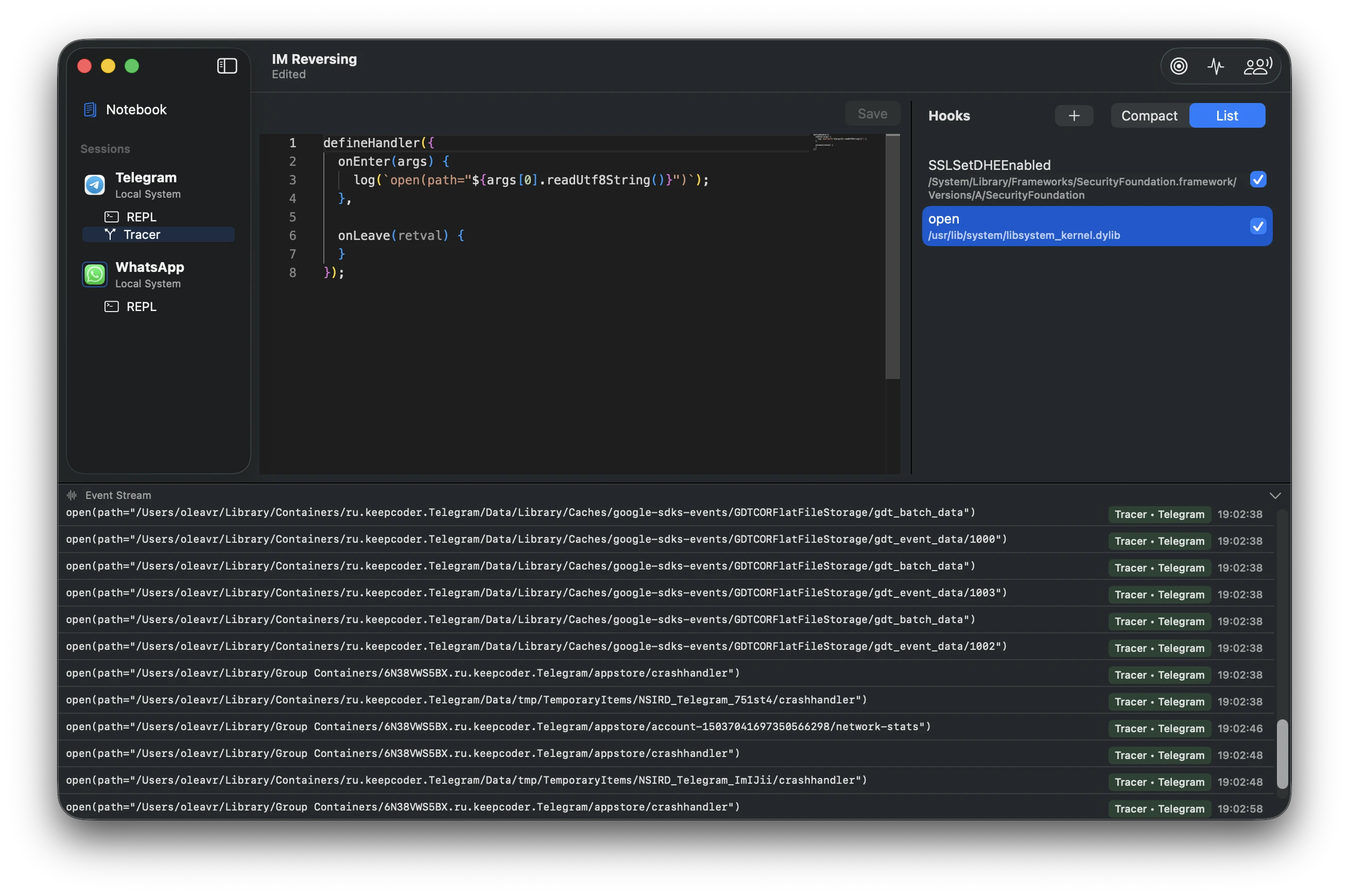 Tracer — editing onEnter/onLeave handlers in the integrated code editor